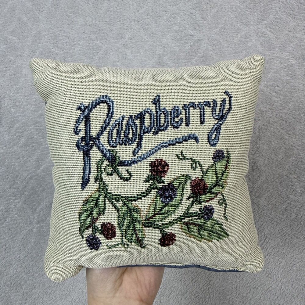 Vtg Raspberry Cross Stitch Throw Pillow 8x8 Grandma Cottagecore Fruit 90s Decor